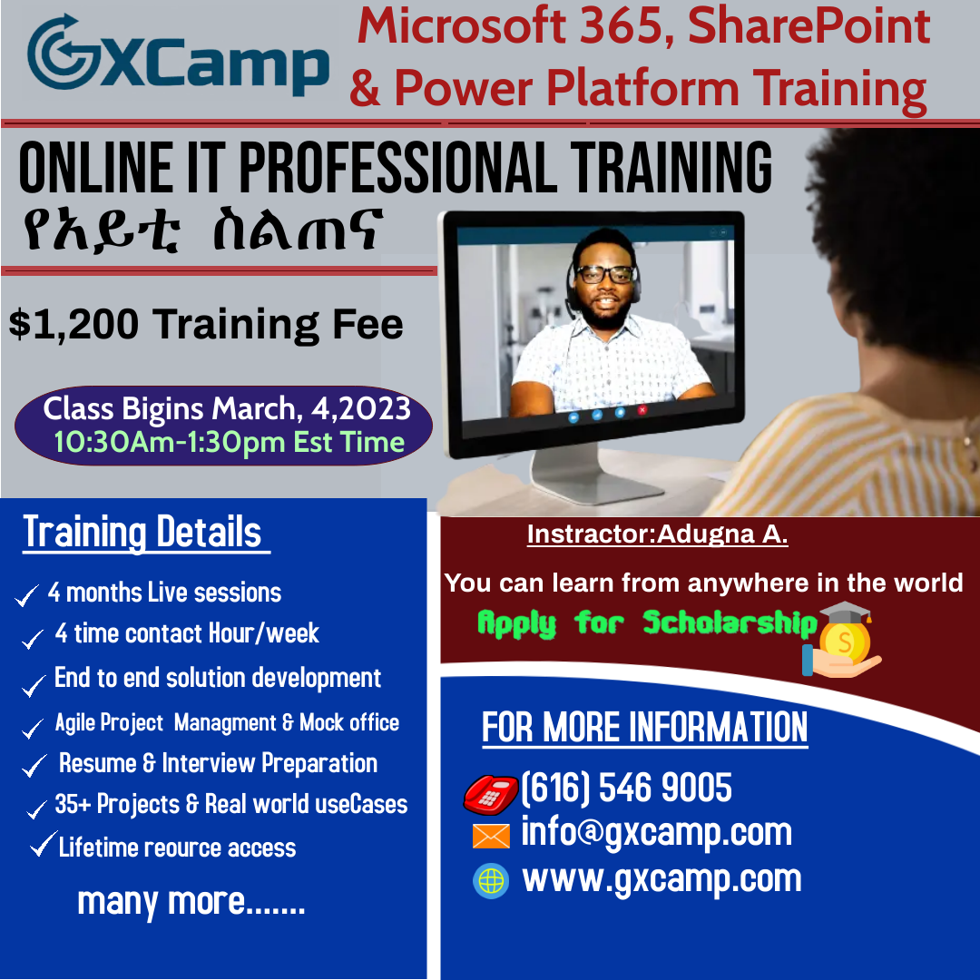 GxCamp Ethiopian online learning, Courses, Training & Education | Microsoft  365, SharePoint , Power Platform and Project management Training in Amharic